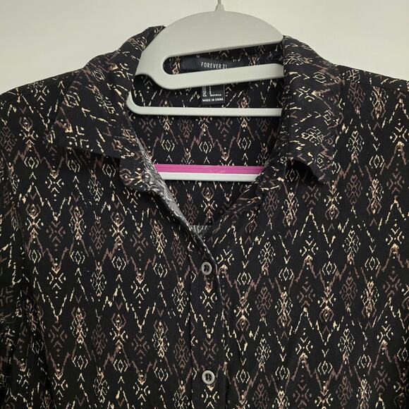 Women's Forever 21 Black Patterned Button Down Belted Shirt Dress | Size Small - Picture 4 of 11